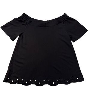 Ann Taylor Blouse Womens SMALL Short Sleeve Off the Shoulder Eyelet Scallop Hem